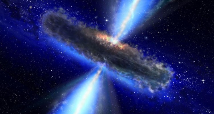 An artist's rendition of a feeding black hole - known as a quasar -similar to APM 08279+5255, the site for the largest and most distant resivoir of water observed to date.
Photo by: NASA/ESA