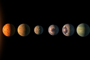 An artist's rendition of the TRAPPIST 1 system. The four inner exoplanets all lie in the habitable zone, with three potentially hosting liquid water.
Photo by: NASA, JPL