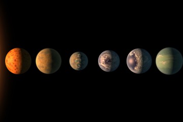 An artist's rendition of the TRAPPIST 1 system. The four inner exoplanets all lie in the habitable zone, with three potentially hosting liquid water.
Photo by: NASA, JPL